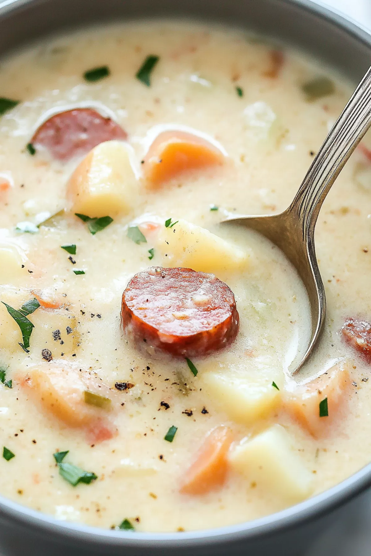 Close-up of a creamy soup with chunks of potato and kielbasa, garnished with fresh herbs.