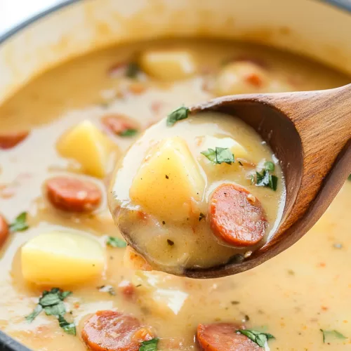 A comforting bowl of soup with a rich, creamy texture and savory ingredients.