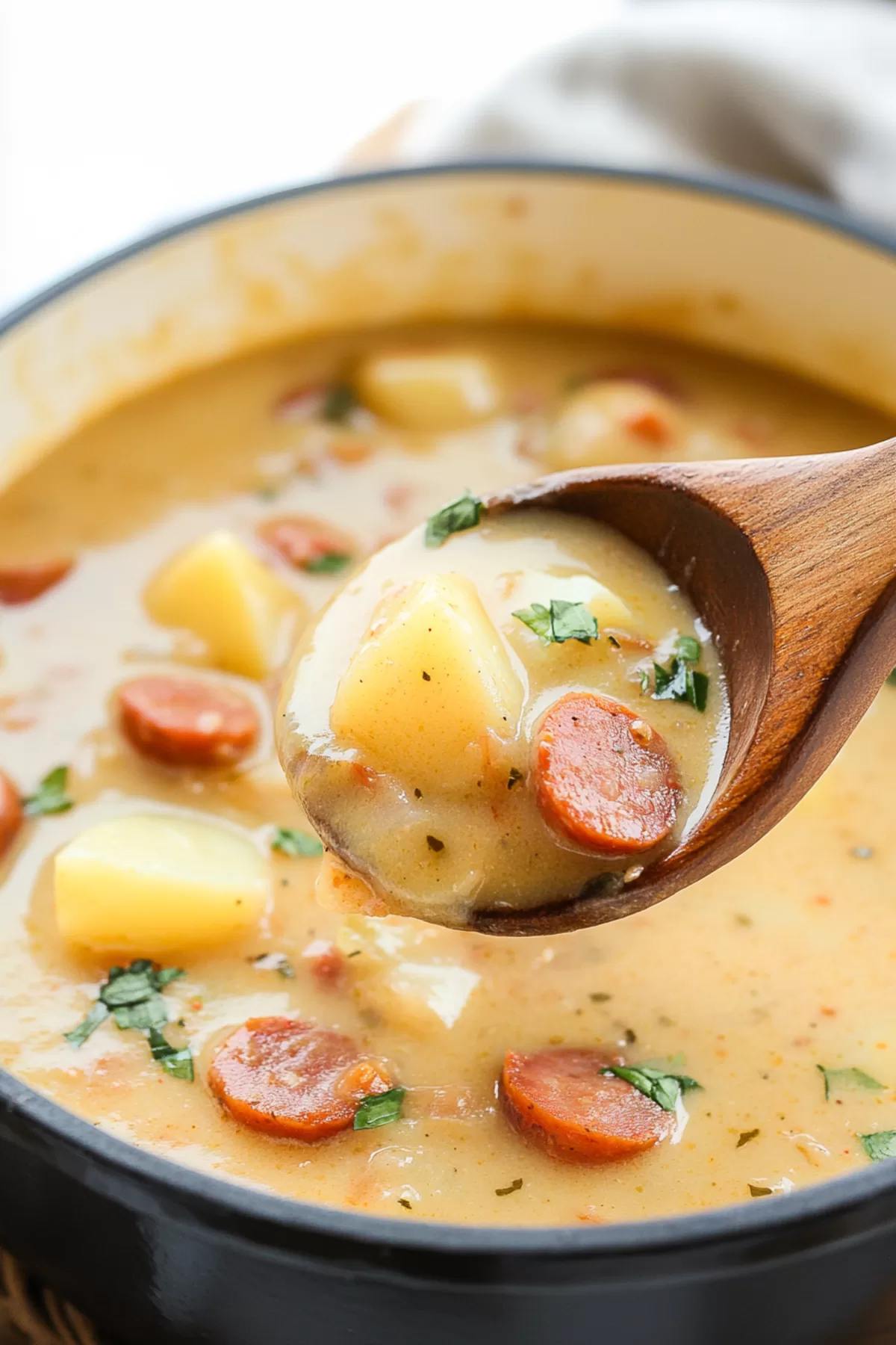 A comforting bowl of soup with a rich, creamy texture and savory ingredients.