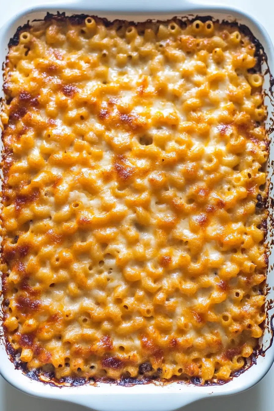 Close-up of a rich, comforting baked dish with melted cheese on top.