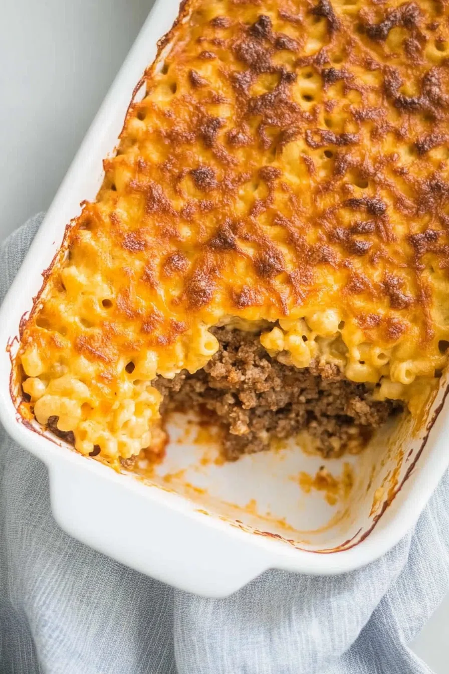 A hearty serving of mac and cheese meatloaf casserole, ready to be enjoyed, showcasing its cheesy and savory layers.