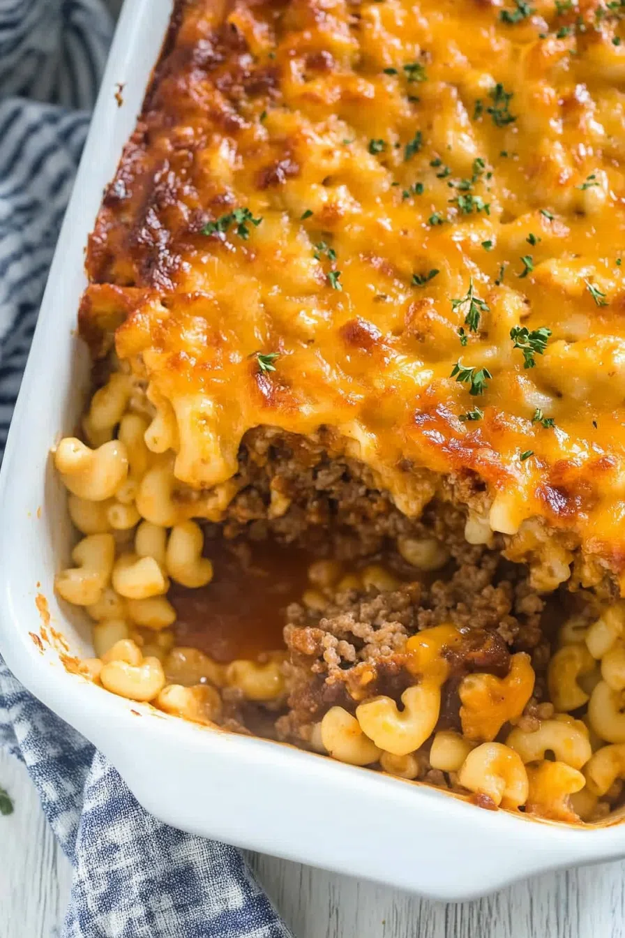 A delicious portion of meatloaf topped with gooey mac and cheese, garnished with fresh herbs.