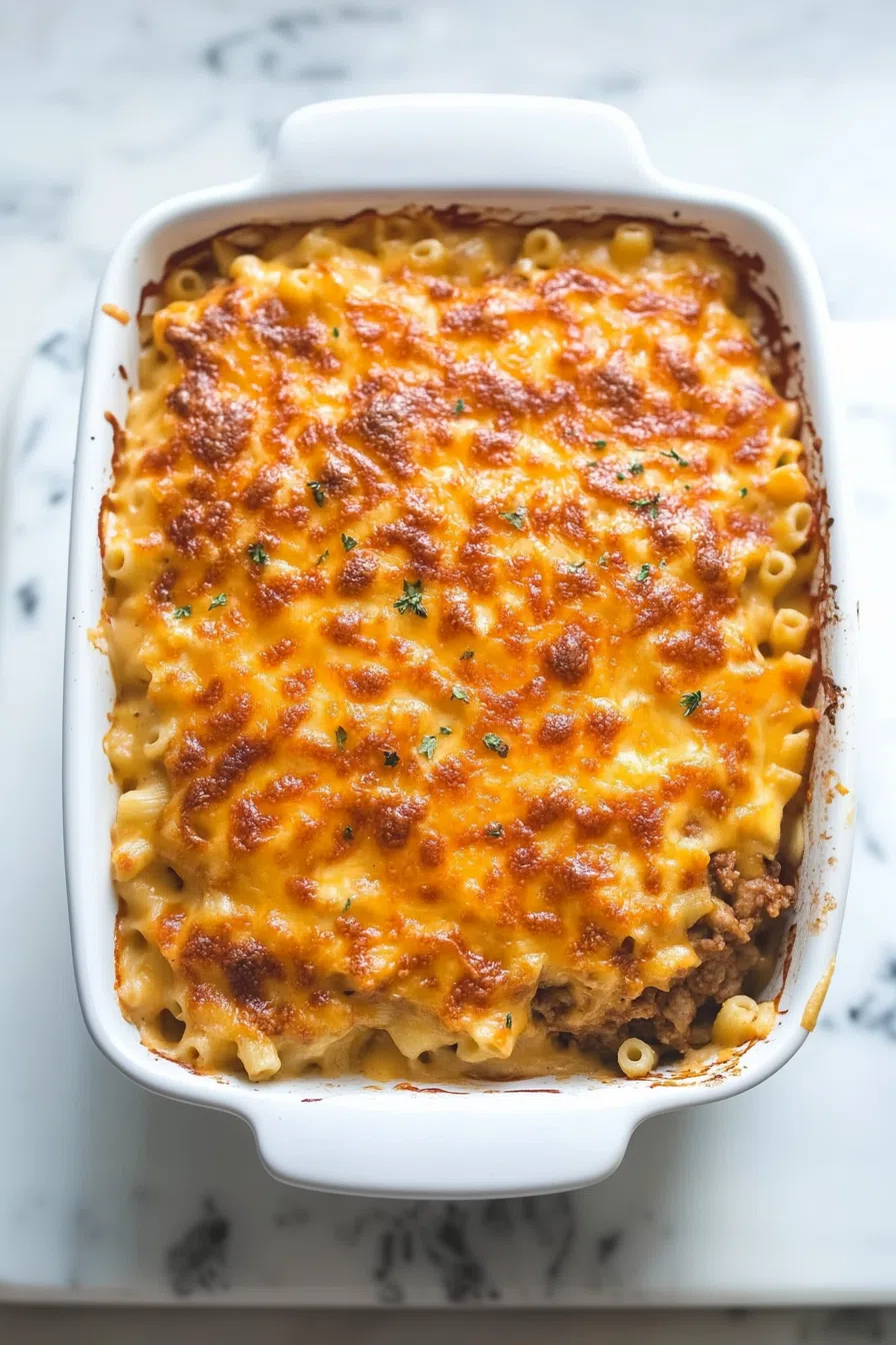 Golden, cheesy casserole with a hearty meat layer underneath.