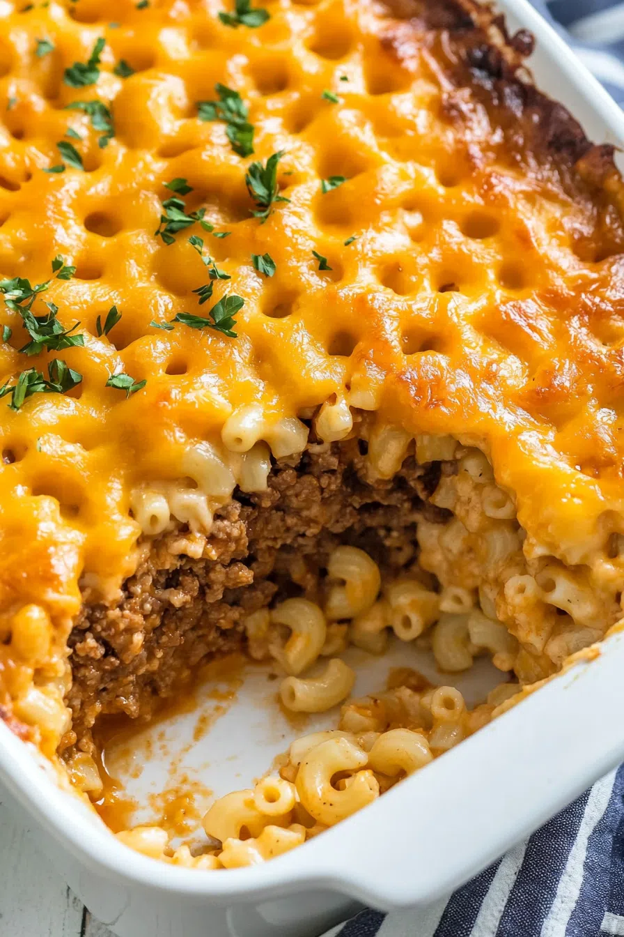 Close-up of a serving of creamy mac and cheese meatloaf casserole on a white plate, with a golden cheese crust