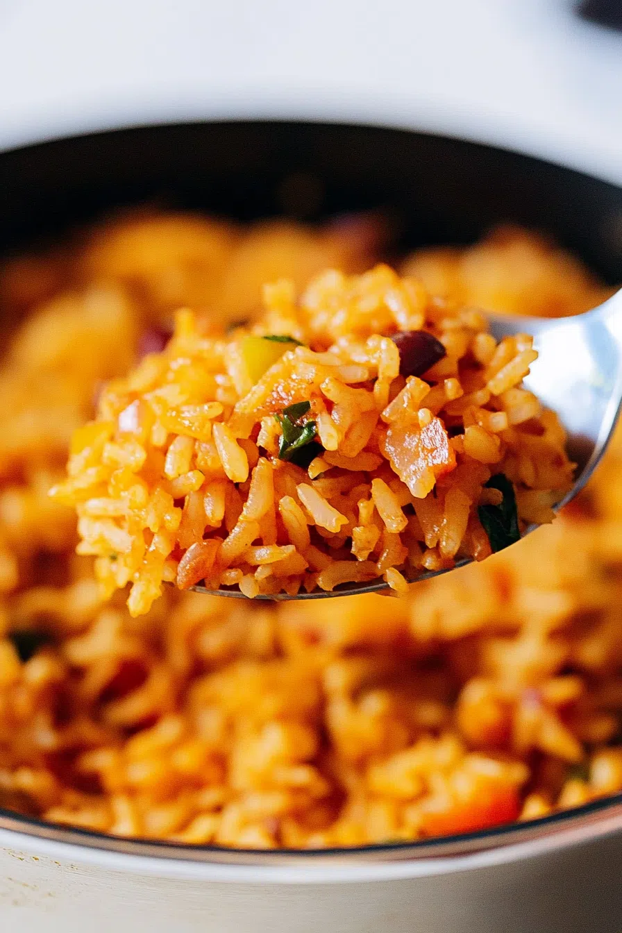 Close-up of a spoon scooping fluffy Mexican rice, showcasing the colorful vegetables and grains.