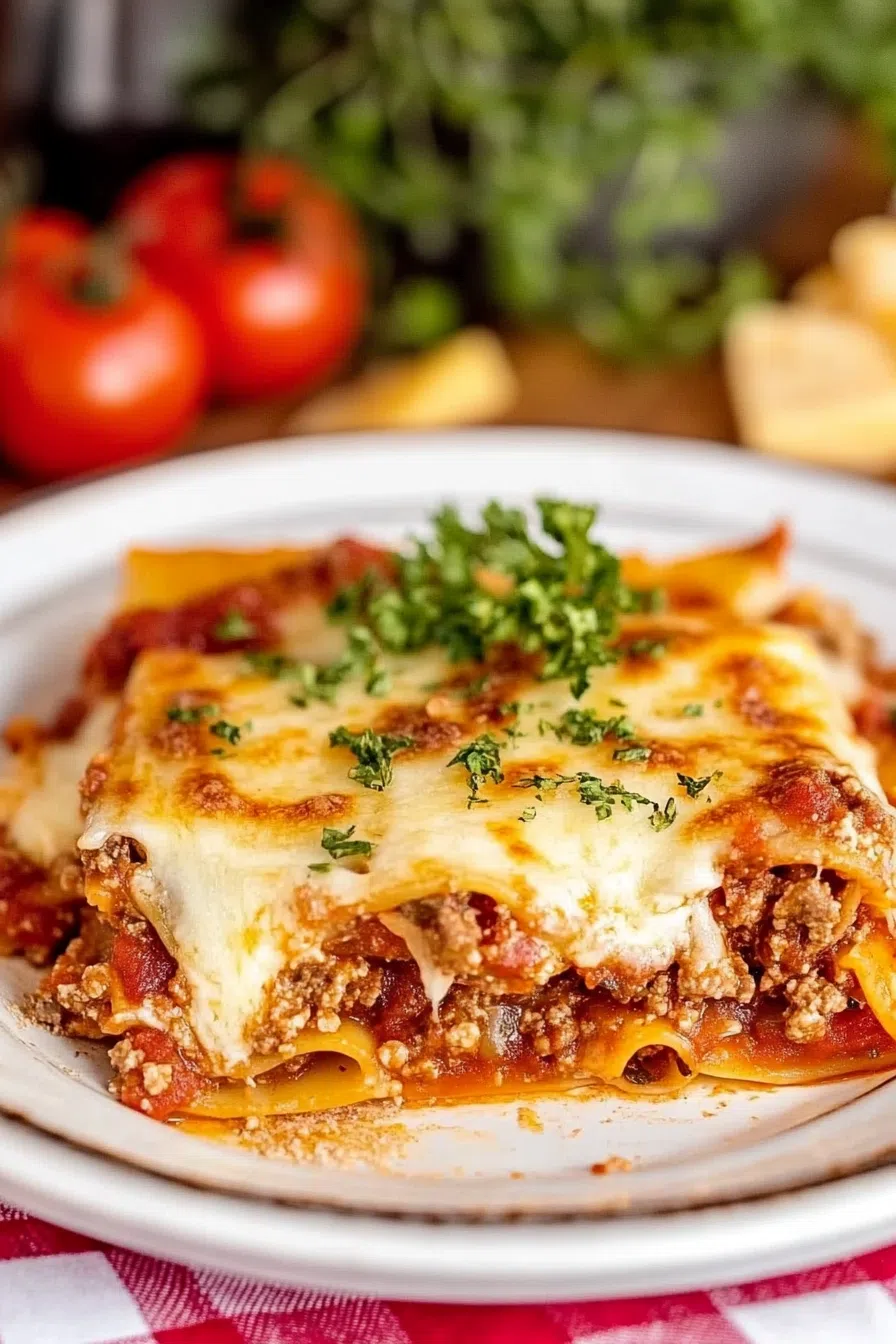 A close-up of a slice of lasagna, showcasing the rich layers of pasta, meat, and cheese.