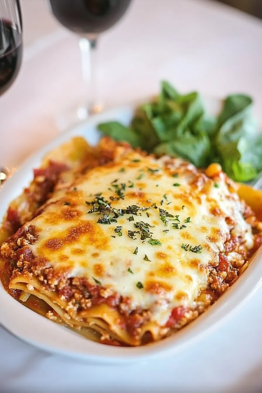 A serving of lasagna on a plate, with visible layers of noodles, meat sauce, and melted cheese.