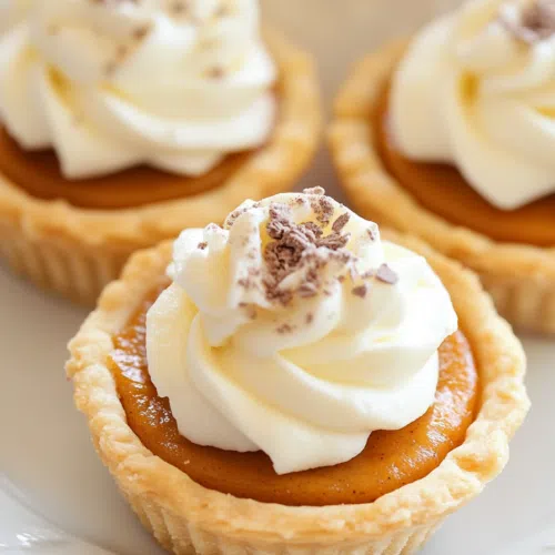 A close-up shot of the smooth pumpkin filling inside a perfectly baked mini pie crust.