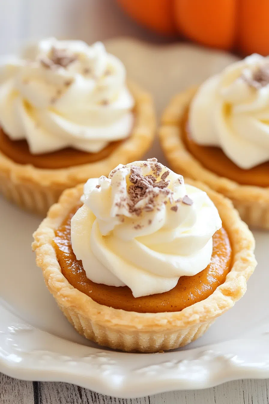 A close-up shot of the smooth pumpkin filling inside a perfectly baked mini pie crust.