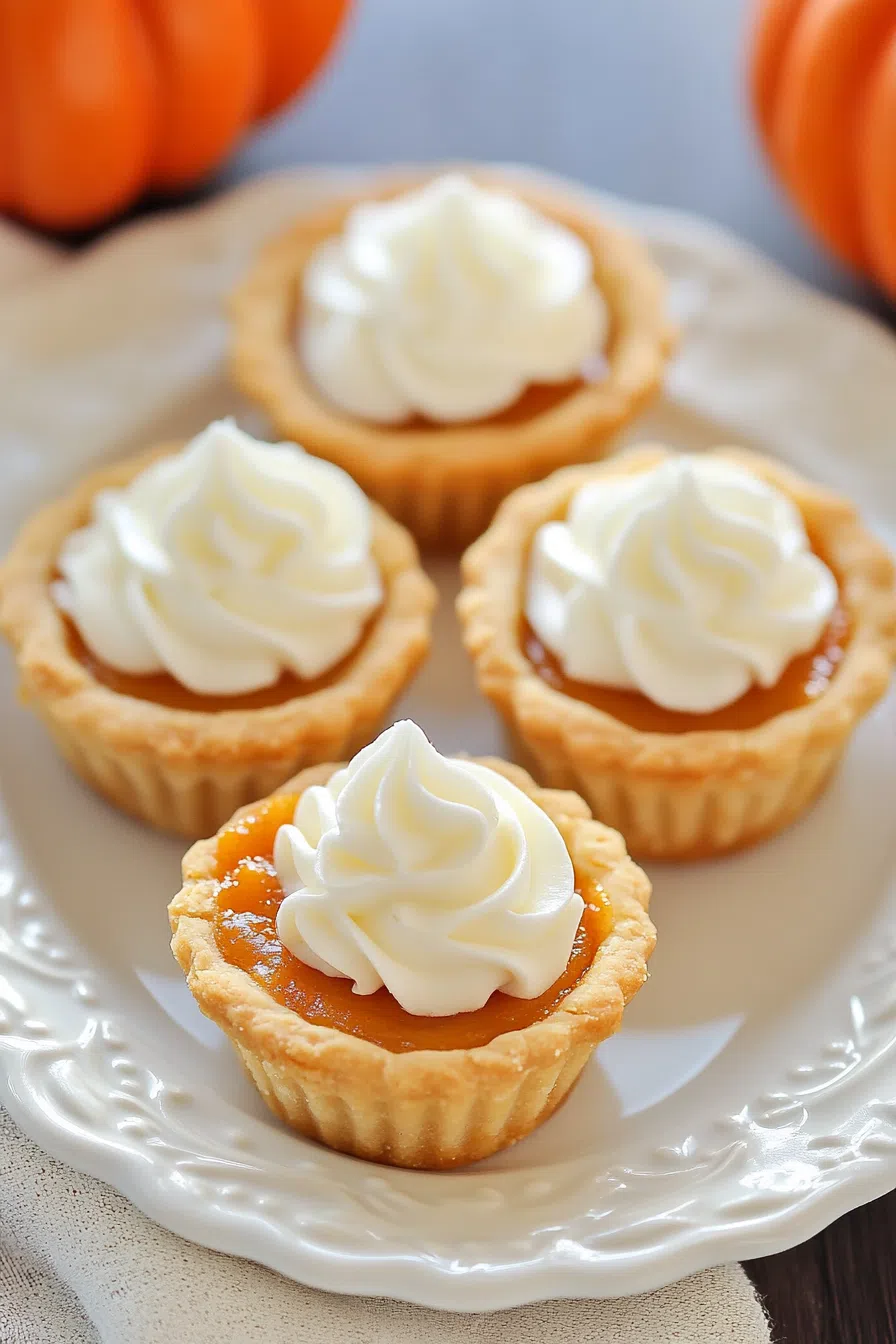 A plate of mini pumpkin pies with decorative crust edges, ready to be served.