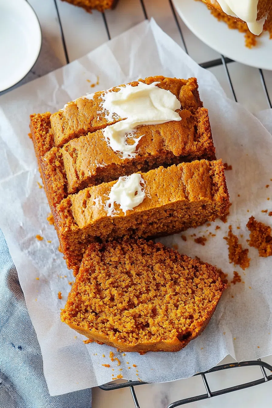 A close-up of moist pumpkin bread slices topped with a dollop of cream cheese frosting on a parchment-lined cooling rack.