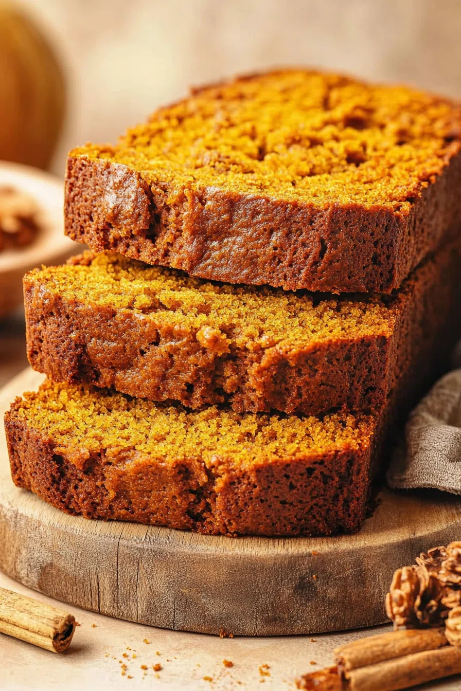 A freshly baked slice of pumpkin bread, highlighting the vibrant orange crumb and moist interior.