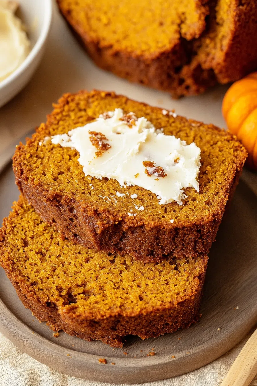 A plate featuring two slices of pumpkin bread, one spread with creamy butter, alongside decorative mini pumpkins.
