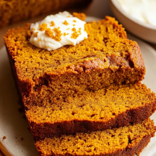 Three thick slices of golden pumpkin bread stacked neatly on a wooden cutting board, showcasing the soft texture.