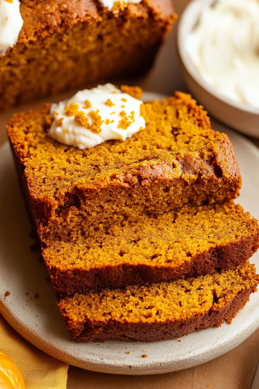 Three thick slices of golden pumpkin bread stacked neatly on a wooden cutting board, showcasing the soft texture.