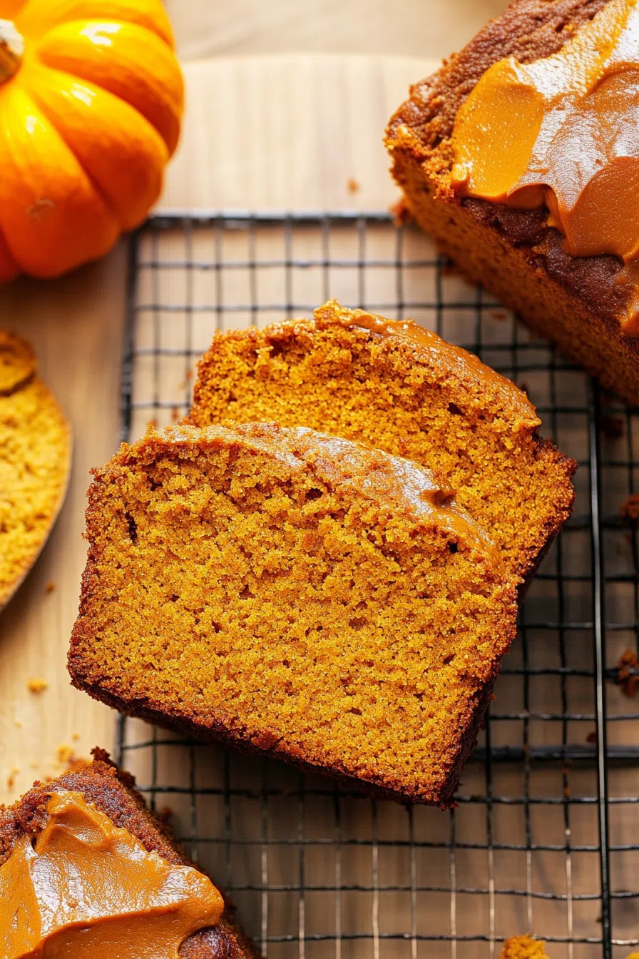 Pumpkin bread loaf with a smooth, glossy caramel glaze, sitting on a cooling rack ready to be served.