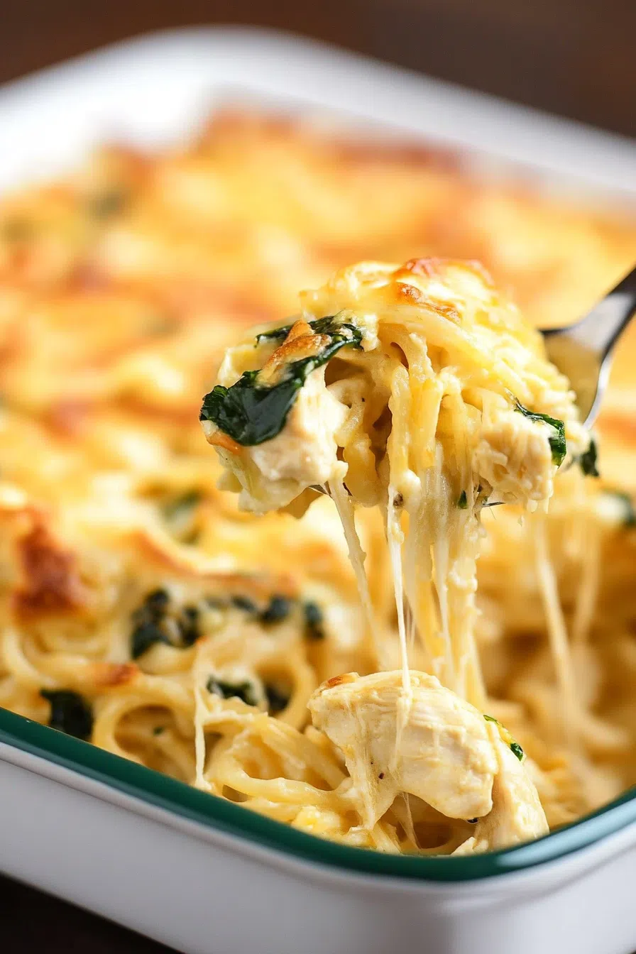 A spoon lifting a portion of the casserole, highlighting the cheesy, creamy texture and bits of chicken.