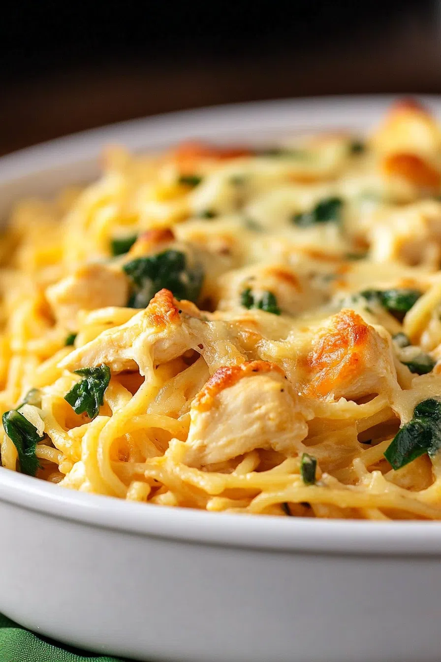Close-up of a serving of the casserole, showcasing the creamy spaghetti mixed with tender chicken pieces.