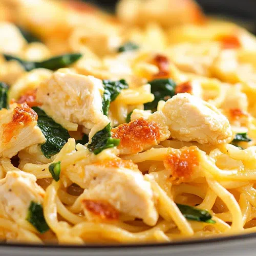 A bubbling casserole dish filled with Monterey chicken spaghetti, topped with melted cheese and fresh herbs.