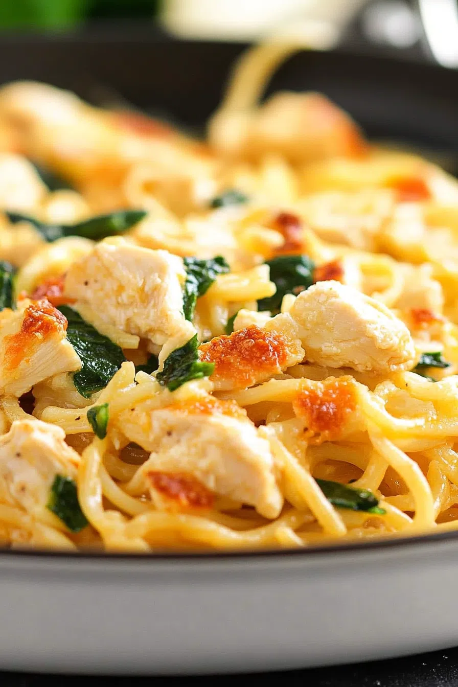 A bubbling casserole dish filled with Monterey chicken spaghetti, topped with melted cheese and fresh herbs.