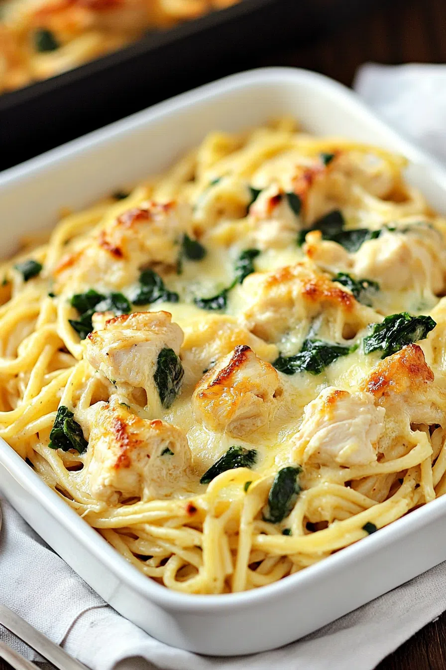 Overhead shot of the casserole dish on a rustic table, garnished with chopped parsley for added color.