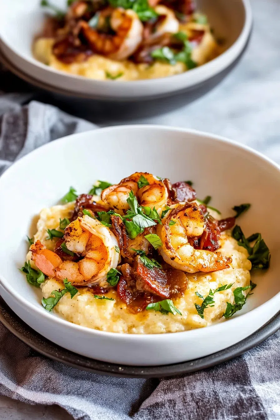 A comforting Southern dish served in a bowl, garnished with crispy bacon and green onions.