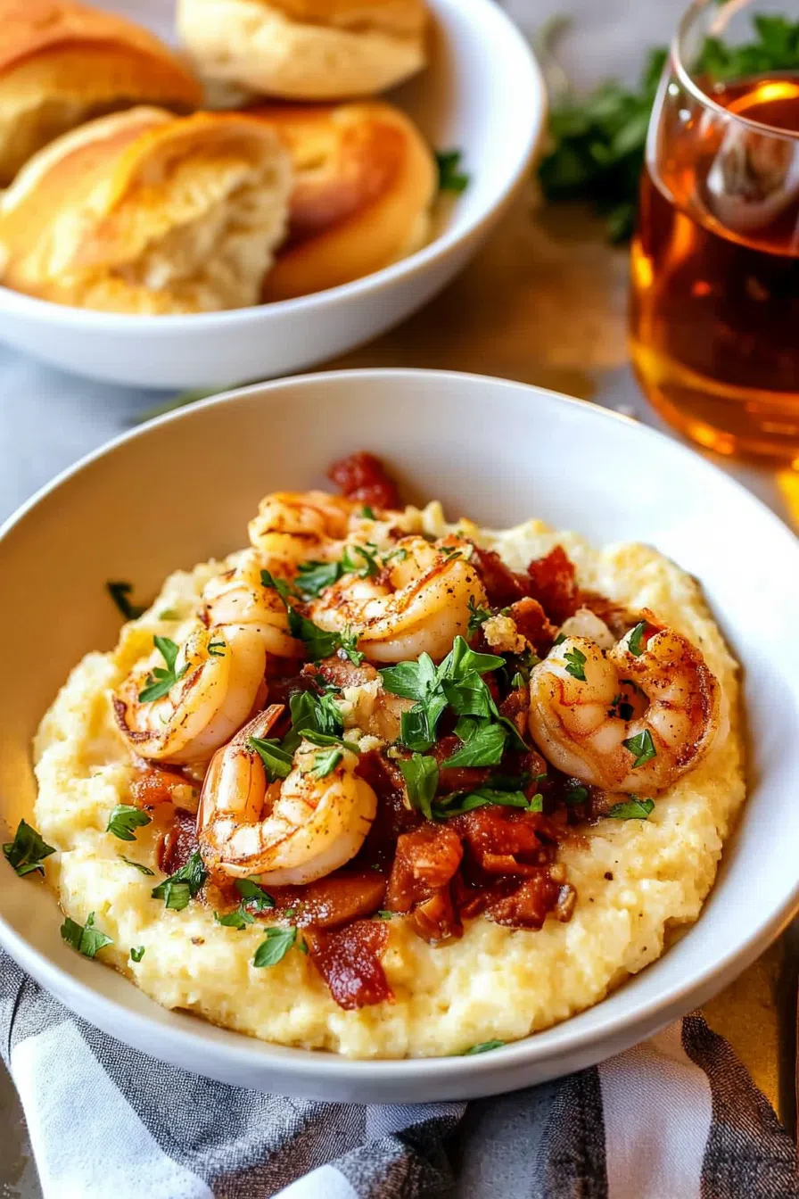 Golden shrimp coated in a spiced sauce, served over velvety grits with a side of crusty bread.