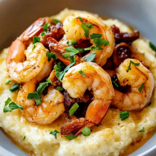 Overhead shot of a plate of shrimp and grits garnished with fresh herbs and a dash of hot sauce.