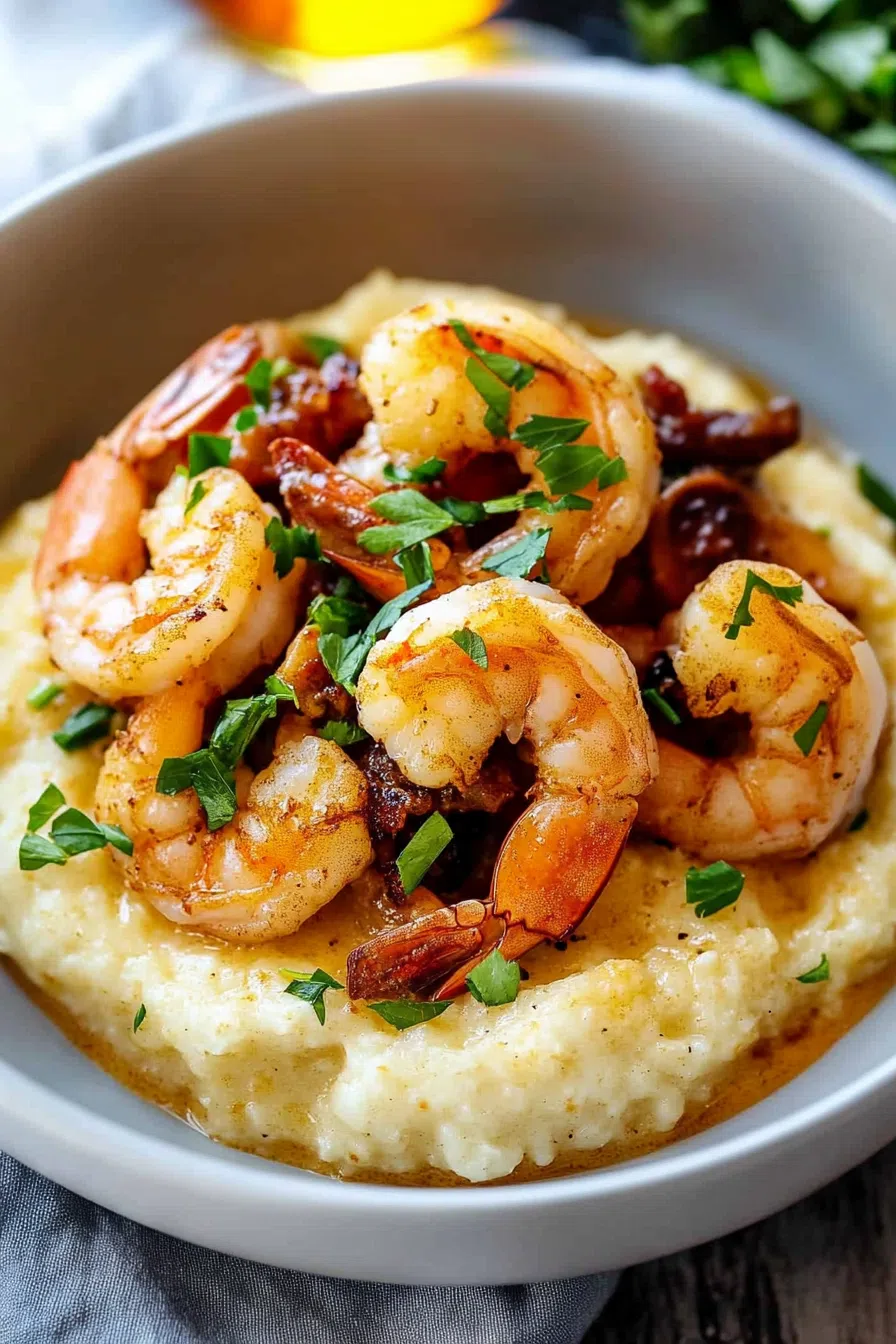 Overhead shot of a plate of shrimp and grits garnished with fresh herbs and a dash of hot sauce.