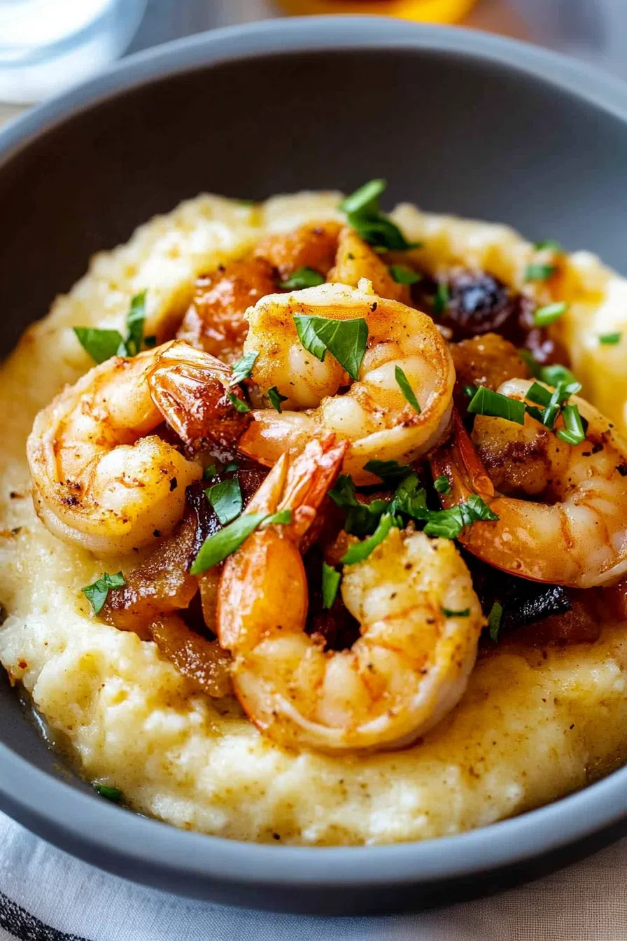 Close-up of the shrimp and grits showing the juicy shrimp and smooth, buttery grits.
