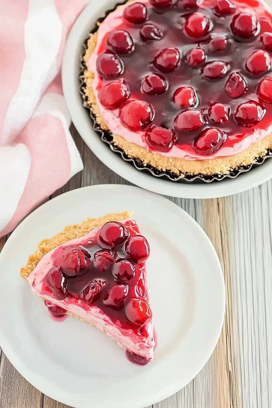 Top-down view of a no-bake cherry cheesecake with a golden graham cracker crust, adorned with a generous layer of glistening cherry topping.