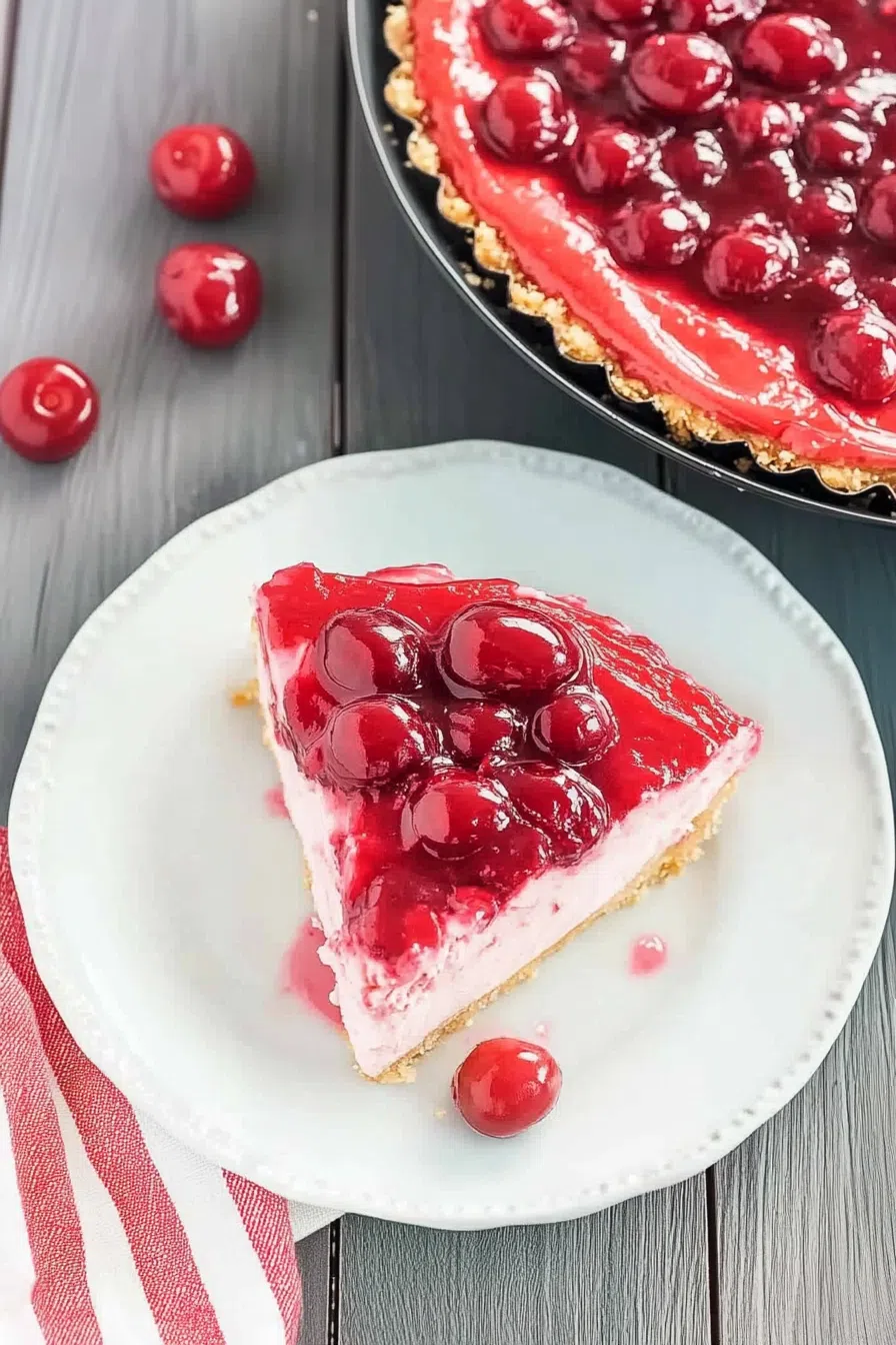 A slice of no-bake cherry cheesecake on a white plate, showing off its creamy layers and vibrant cherry topping.
