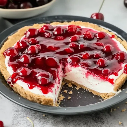 Side view of a whole no-bake cherry cheesecake, showcasing the distinct layers of crust, filling, and cherry topping.