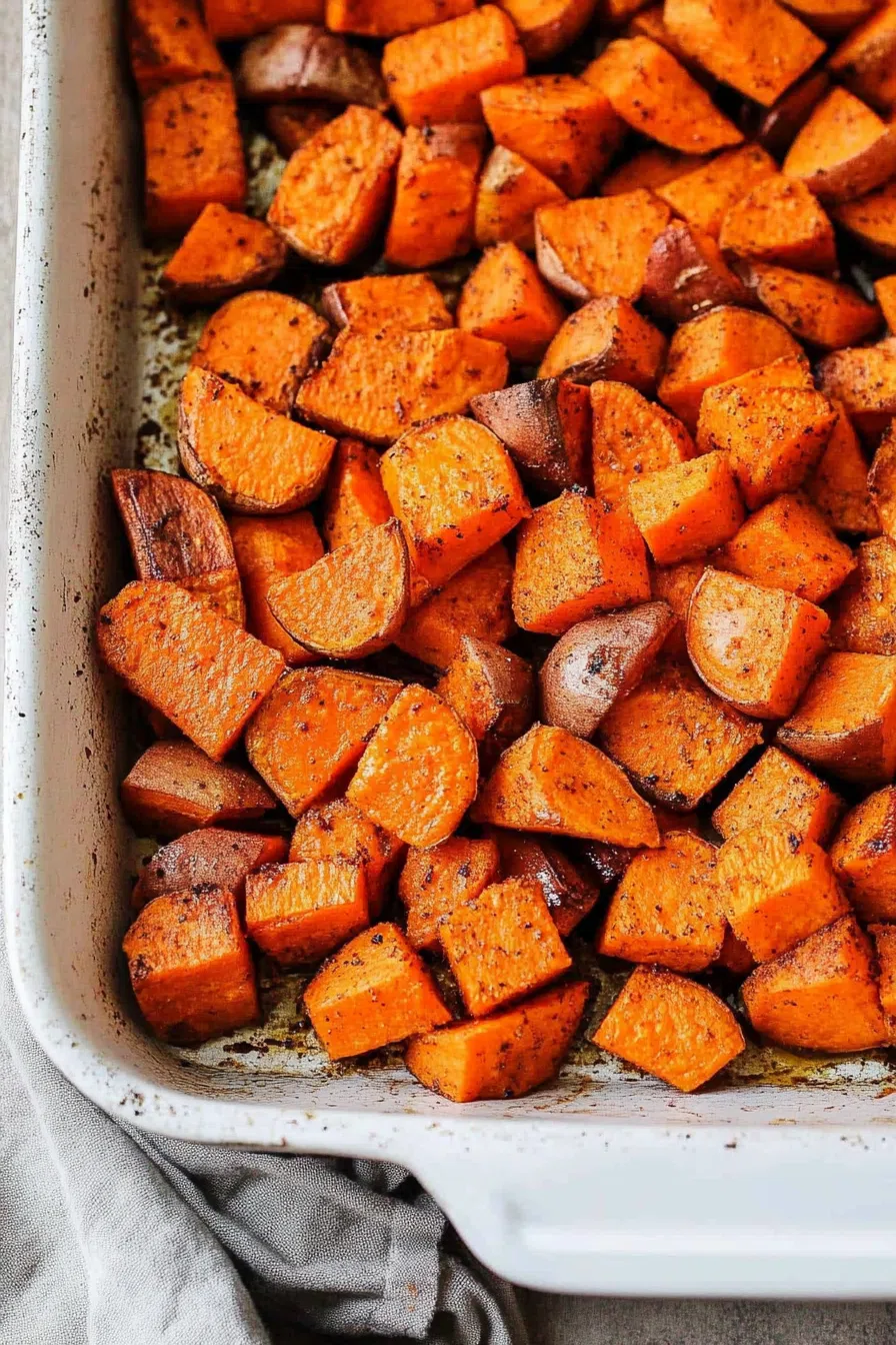 Warm, crispy potato pieces served on a white platter.