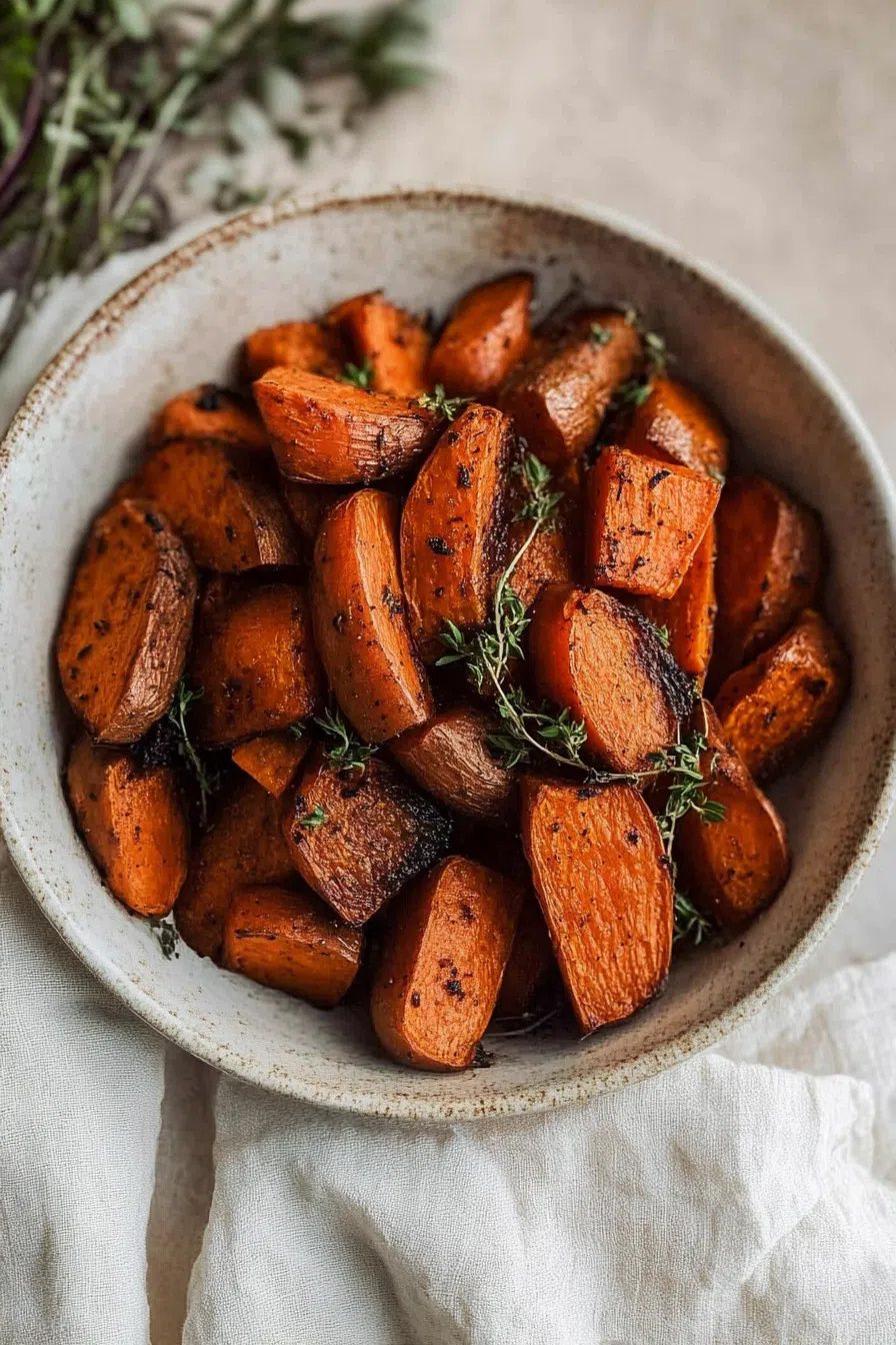 An overhead shot of a serving bowl filled with oven-roasted sweet potatoes, garnished with fresh herbs.