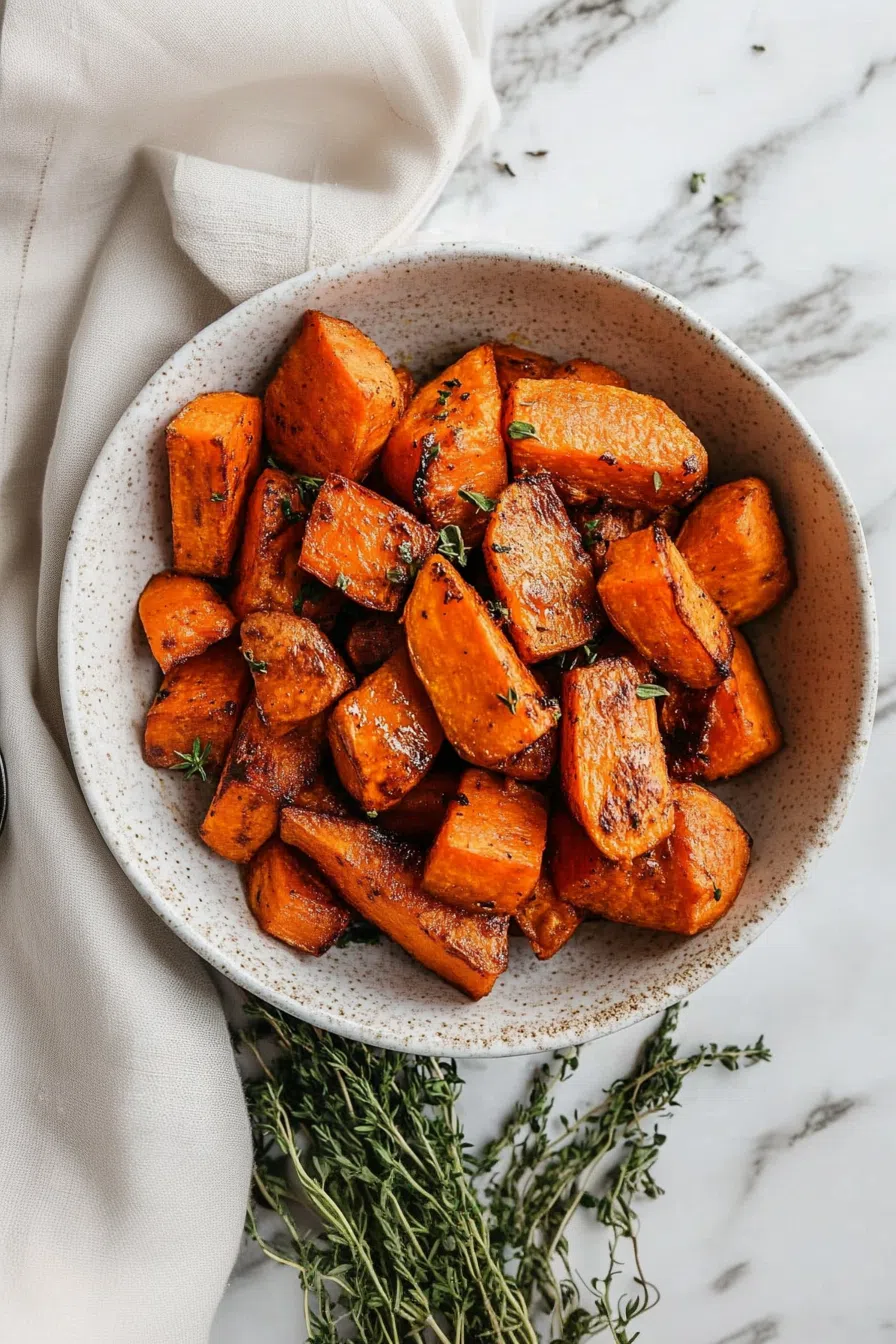Bite-sized roasted vegetables garnished with fresh herbs.