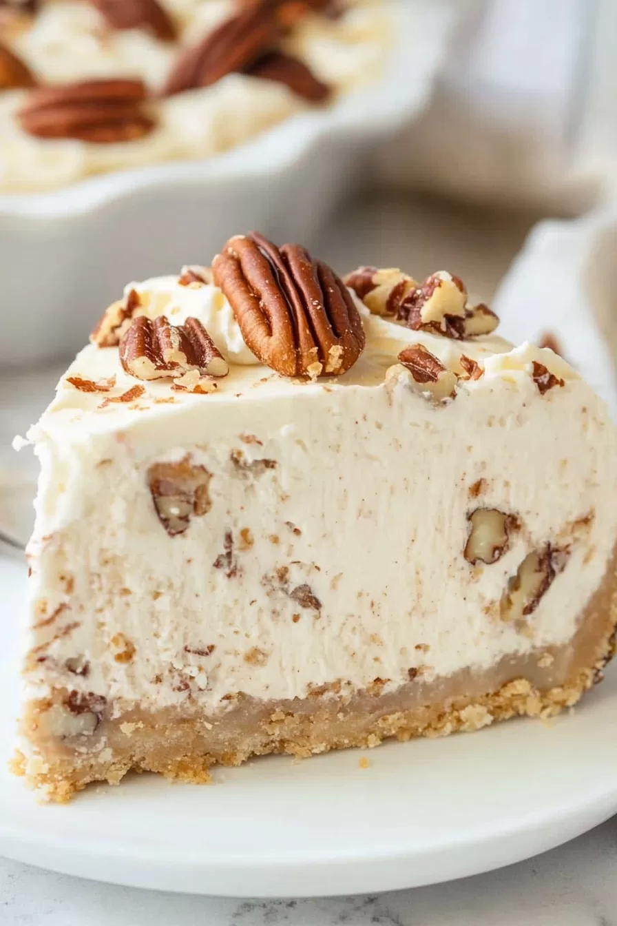 Close-up of a pecan cream pie garnished with whole pecans and dollops of whipped topping, showcasing its creamy texture.