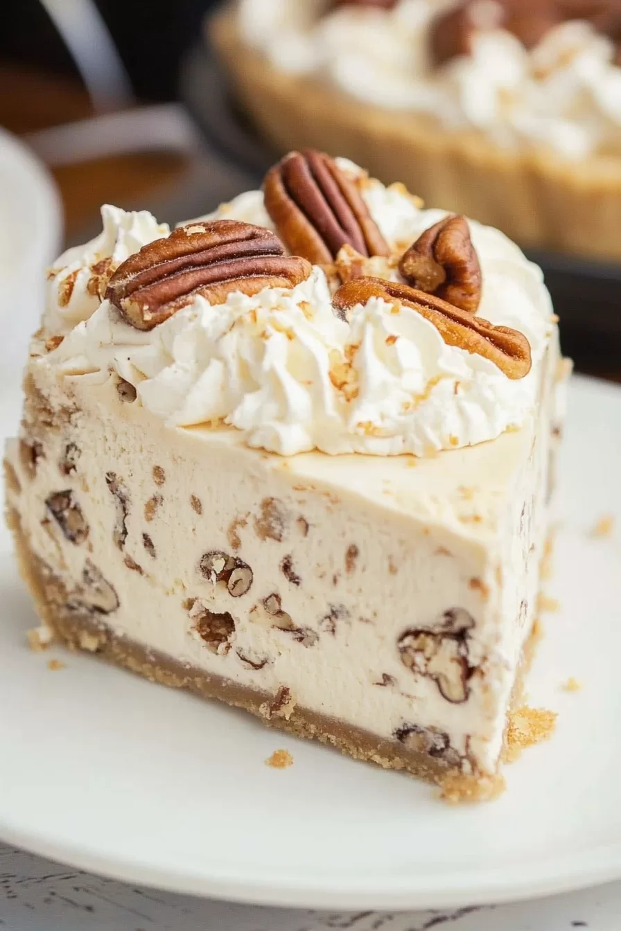 A creamy slice of pecan pie topped with whipped cream and crunchy pecans on a golden graham cracker crust.