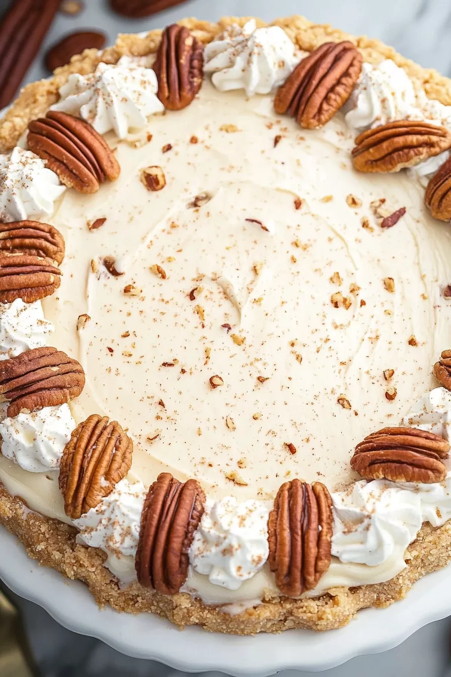 A full pecan cream pie beautifully decorated with piped cream swirls and toasted pecans around the edge.