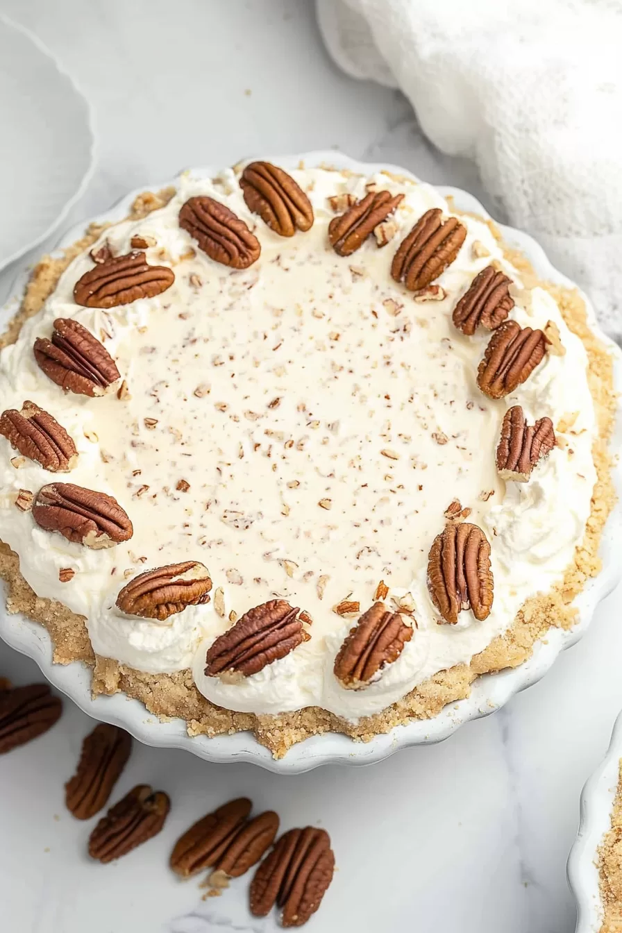 Overhead shot of a pecan cream pie with nutty toppings and light dusting of spices, presented on a white serving platter.