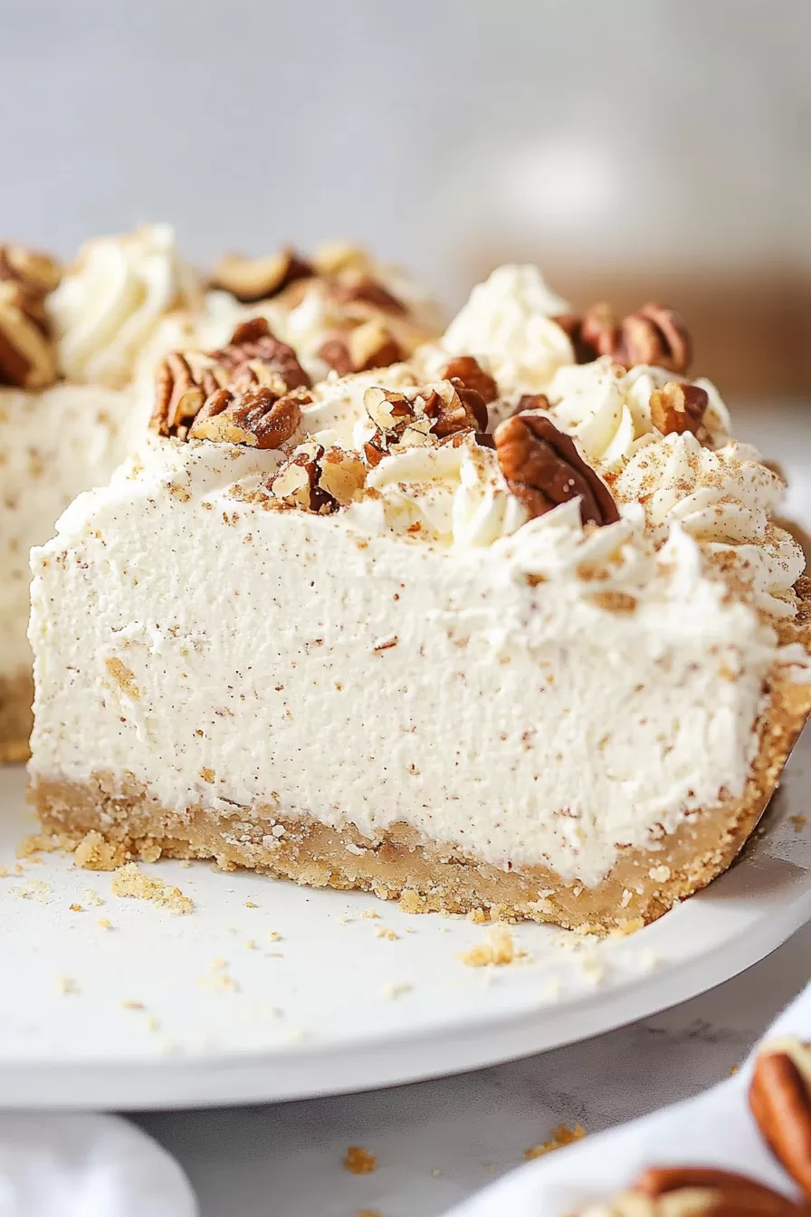 A slice of pecan cream pie on a plate, highlighting the layers of smooth filling and crunchy pecan pieces.