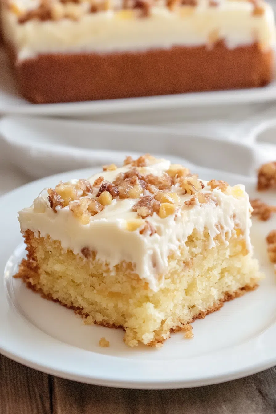 A freshly baked cake with thick frosting, topped with crushed pecans and pineapple, displayed in a baking dish.