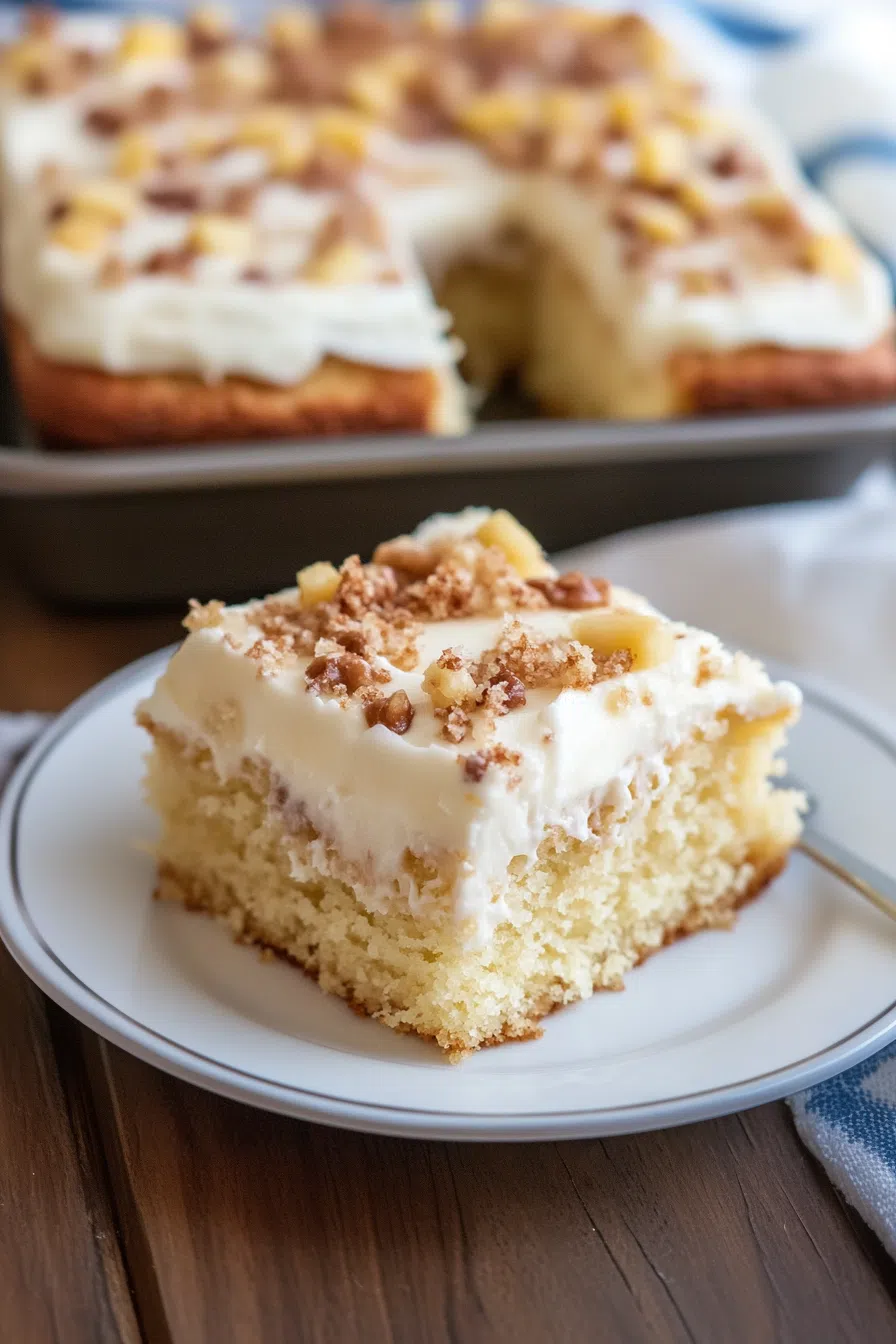 A vibrant close-up of a pineapple pecan cake slice, highlighting its moist layers and decadent toppings.