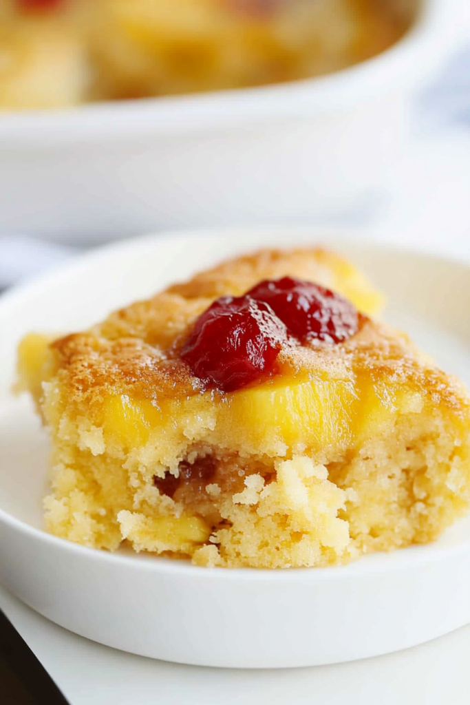 Close-up view of a slice of cake, highlighting the caramelized pineapple and cherry topping.