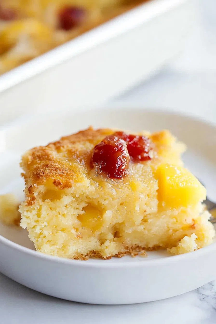 Side view of a slice of cake, showing the layers of moist cake and caramelized fruit.