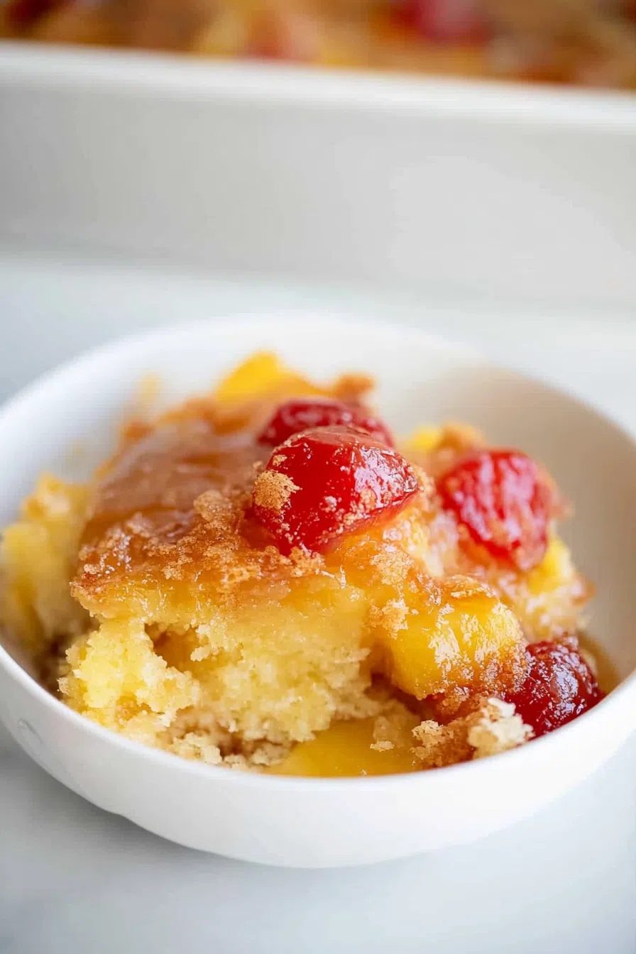 A single serving of cake on a white plate, with a visible layer of pineapple and cherries.