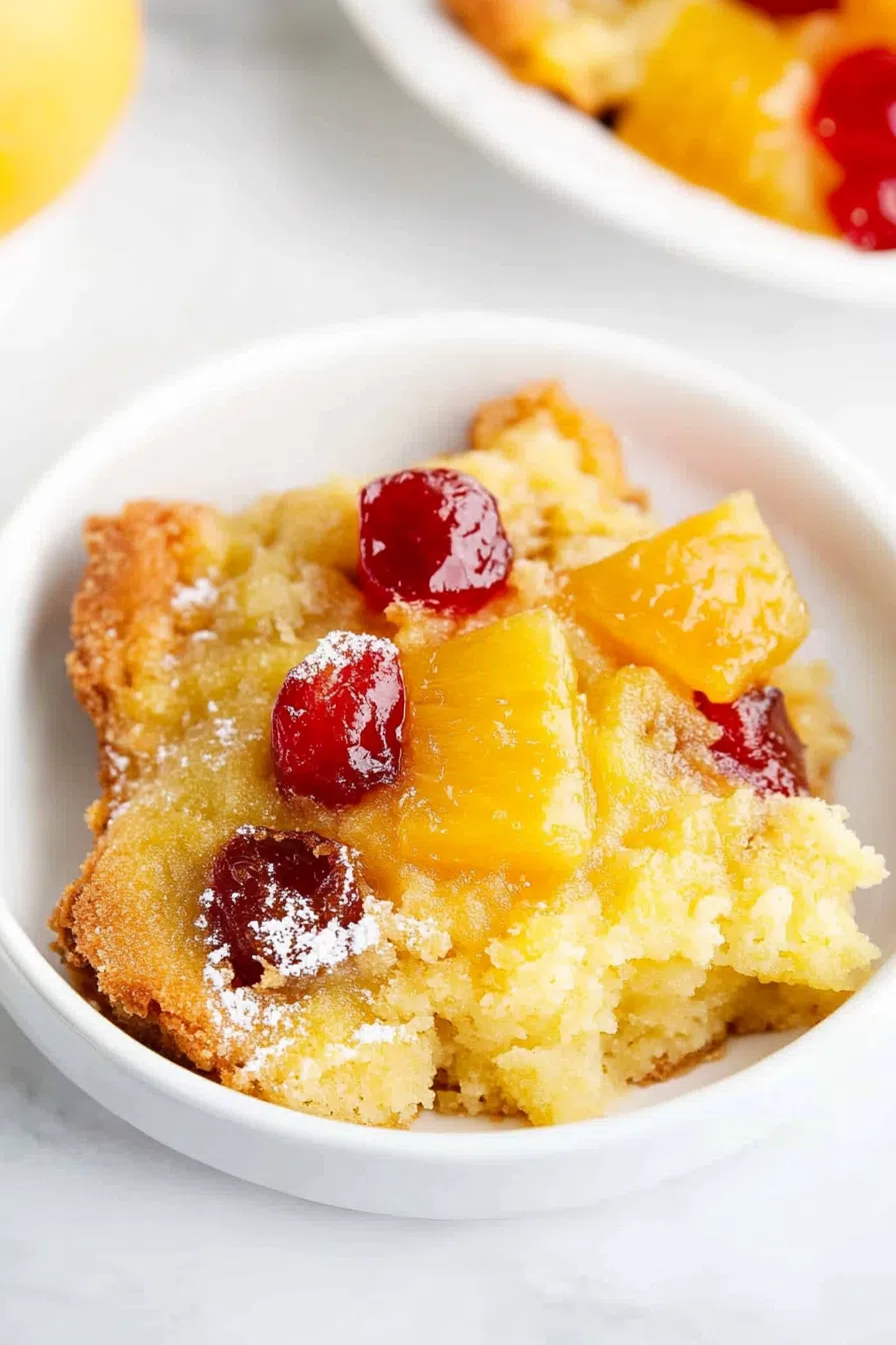 Overhead shot of the whole cake, showcasing its golden-brown crust and vibrant fruit layer.