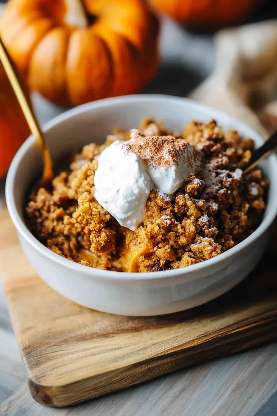 A warm serving of pumpkin pecan crisp topped with a dollop of whipped cream.