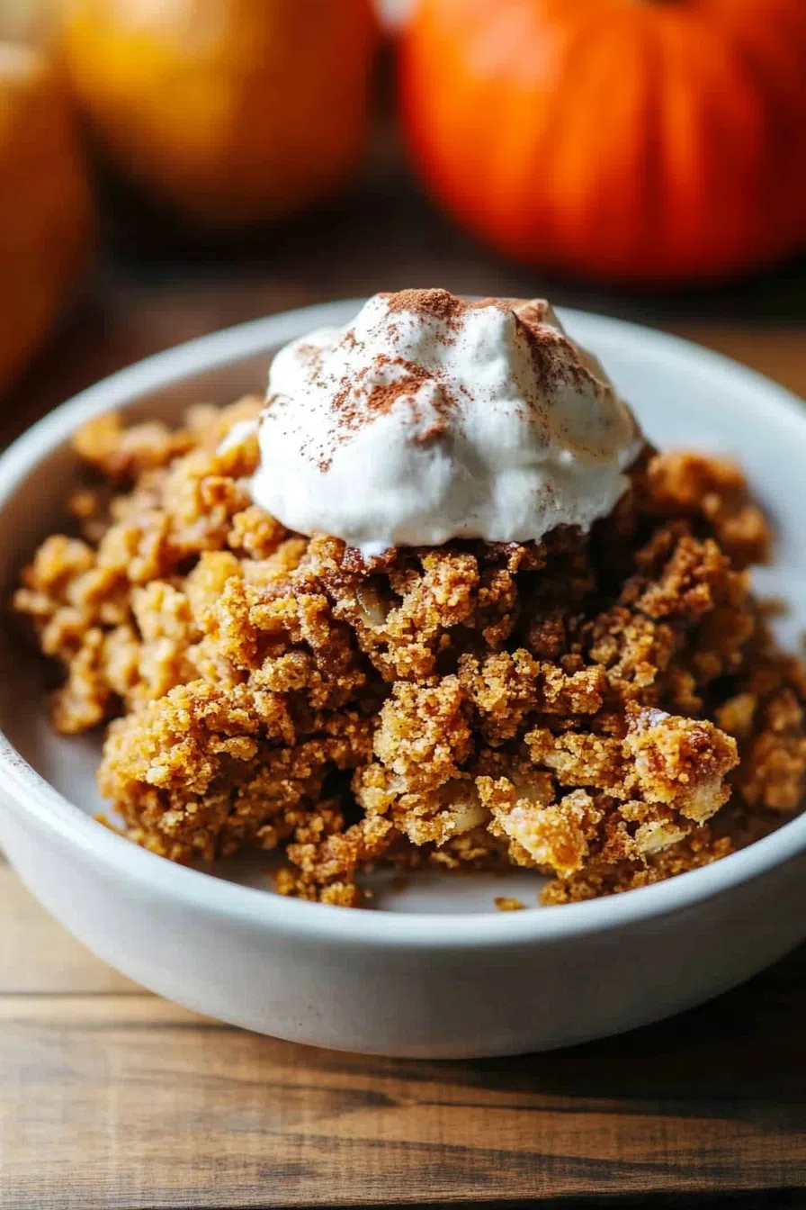 A close-up of a golden-brown pecan crisp layer over a spiced pumpkin filling.