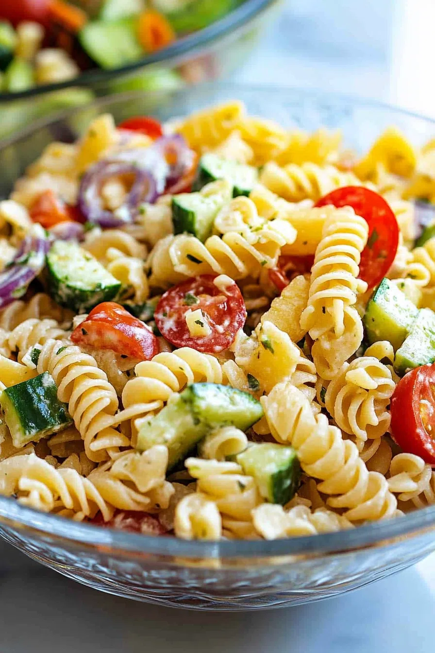 Close-up of a colorful pasta salad with fresh vegetables and herbs, topped with a sprinkle of Parmesan cheese.